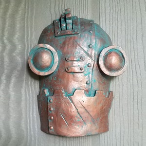 SteamBot Gesicht mit Kupfer Finish und grüner Patina, Steampunk Roboter Skulptur, Eisen Riesen Wandkunst, Street Art Roboter