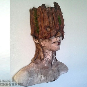 Tribal Forest Dweller sculpture, female bust, mask art, fairytale art, primitive art, Native girl, Stone and Wood with moss detail image 4