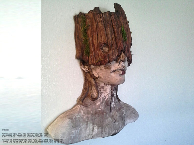 Tribal Forest Dweller sculpture, female bust, mask art, fairytale art, primitive art, Native girl, Stone and Wood with moss detail image 4