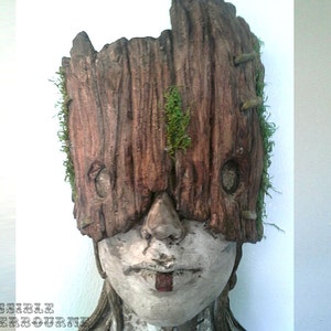 Tribal Forest Dweller sculpture, female bust, mask art, fairytale art, primitive art, Native girl, Stone and Wood with moss detail image 2