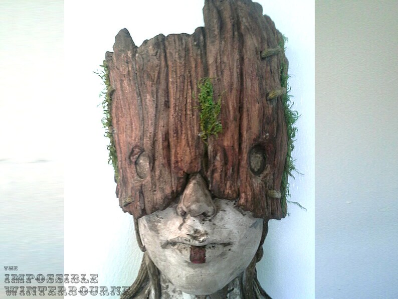 Tribal Forest Dweller sculpture, female bust, mask art, fairytale art, primitive art, Native girl, Stone and Wood with moss detail image 2