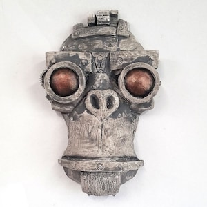 Large MechMonkey Face Sculpture -Stone with Bronze Details