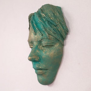 One of a kind Antique Green Brass Patina Female Face Sculpture, streetart face sculpture, face casting tree art and garden decor, face mask image 2