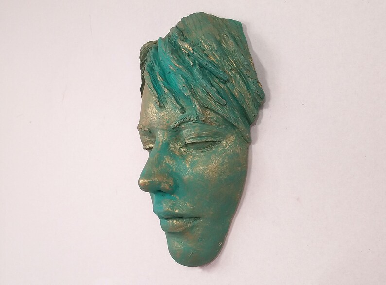 One of a kind Antique Green Brass Patina Female Face Sculpture, streetart face sculpture, face casting tree art and garden decor, face mask image 2