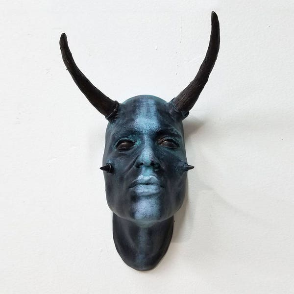 Tribal Taurus Face Sculpture with black eyes - Patina Bronze and Striped finish. Wall art, wall sconce, home and garden decor