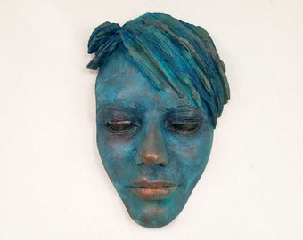 One of a kind! Blue copper Patina Female Face Sculpture, streetart face sculpture, face casting tree art and garden decor, face mask