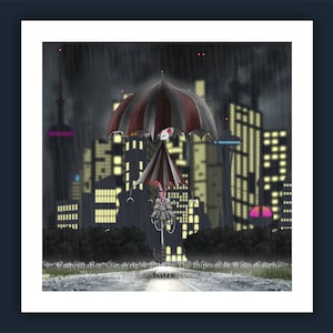 May include: A digital illustration of a red and white striped circus tent with a large umbrella overhead. The tent is in the middle of a city with tall buildings and rain falling. The text "Umbrella Bar Copyright 2017 by The Impossible Watercolor. This artwork does NOT appear on actual print." is at the bottom of the image.