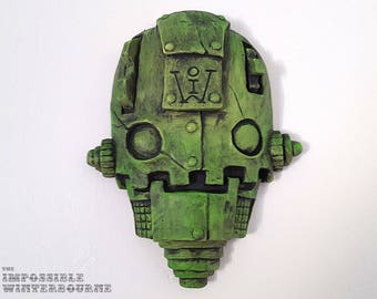 Steampunk Robot Sculpture with Dirty Green Finish  • Cast in HydroStone • Wall hangable • SkullBot • street art • garden decor • home decor