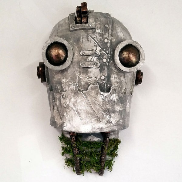 Stone SteamBot, Bronze Details, Moss, Robot artwork, Steampunk Robot Sculpture, iron giant, fairytale, ironman, stone gollem