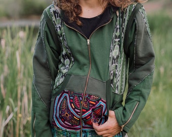 Maykuna Jacket - Dark Green, Light Green,  man hoodie, festival hoodie , burningman hoodie , warm man hoodie