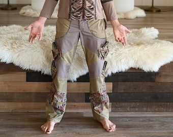 CARGO PANT LONG - Beje & Pink- Burningman pant, Mens Tactical Pants, Men's cargo trousers, psy trance, Men's Convertable cargo steampunk