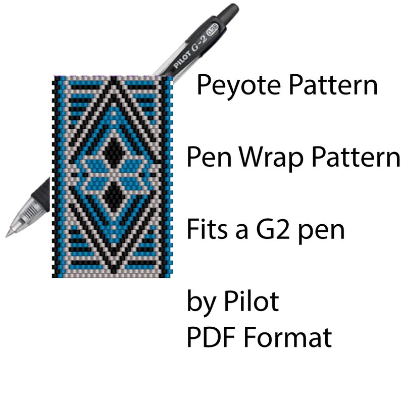 May include: A black and white peyote stitch pen wrap pattern for a Pilot G2 pen. The pattern features a geometric design with blue and gray accents. The pattern is available in PDF format.