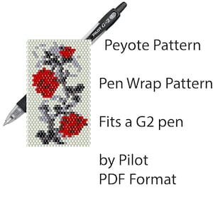 May include: A beading pattern for a pen wrap, featuring a red flower design. The pattern is for a peyote stitch and fits a Pilot G2 pen. The pattern is in PDF format.