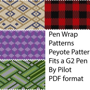 May include: Three different beading patterns for a pen wrap. The patterns are a geometric design in beige and blue, a red and black plaid, and a purple and blue chevron pattern. The text on the image reads "Pen Wrap Patterns Peyote Pattern Fits a G2 Pen By Pilot PDF format".