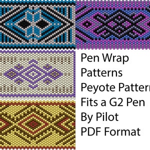 May include: Three different peyote stitch beading patterns for a pen wrap. The patterns are in blue, purple, and red and gold colors. The text reads "Pen Wrap Patterns, Peyote Pattern, Fits a G2 Pen, By Pilot, PDF Format".