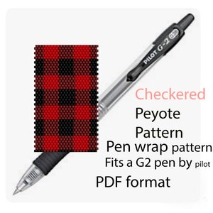 May include: A red and black checkered peyote stitch pattern for a pen wrap. The pattern is designed to fit a Pilot G2 pen. The pattern is available in PDF format.