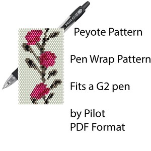 May include: A PDF pattern for a peyote stitch pen wrap that fits a Pilot G2 pen. The pattern features a floral design with pink flowers and brown stems.