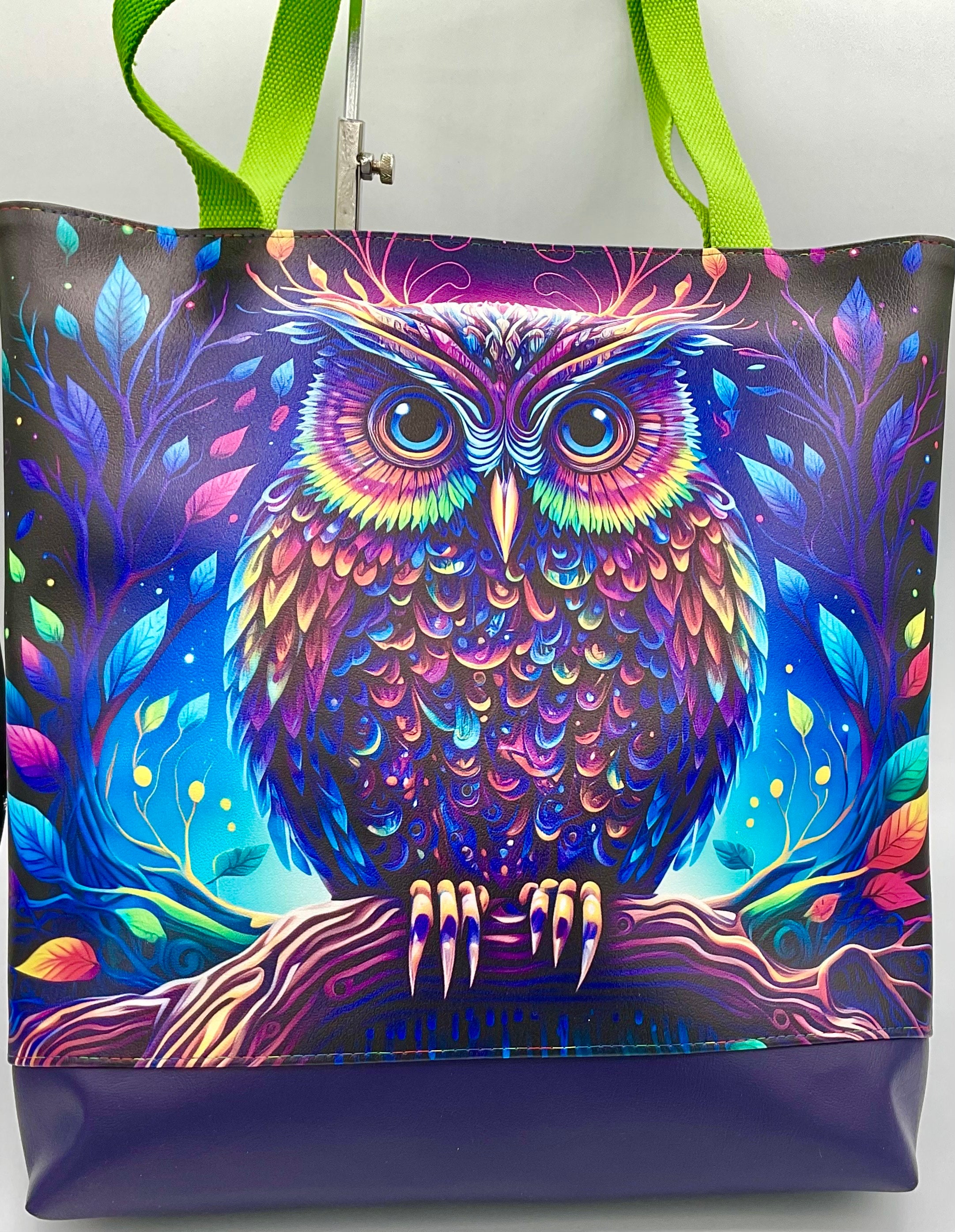 Colorful Owl Market Tote, Faux Leather Accent, Zippered Top Bag