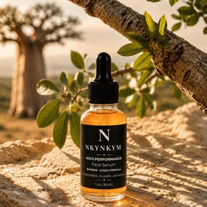 May include: A clear glass dropper bottle containing amber-coloured face serum with a black label reading NKYNKYM HIGH PERFORMANCE Face Serum BAOBAB COQ10 FORMULA MOISTURIZES PLUMPS ANTI-AGING 30 mL / 1 oz. The bottle has a black dropper cap.