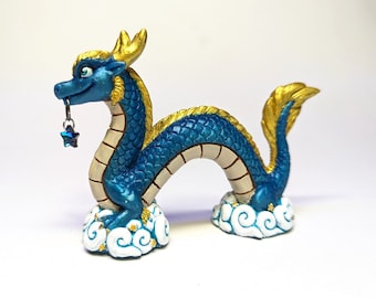 Teal and Gold Lucky Wish dragon, noodle dragon, peep dragon, handmade sculpture, traditional art piece