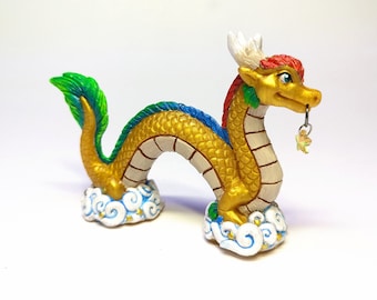 Golden Rainbow Lucky Wish dragon, noodle dragon, peep dragon, handmade sculpture, traditional art piece