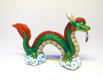 Emerald Jade Green Lucky Wish dragon, noodle dragon, peep dragon, handmade sculpture, traditional art piece