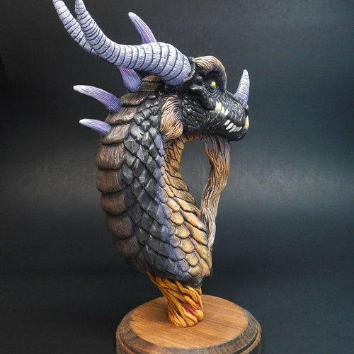 Black shops Dragon Bust, Fantasy sculpture, handmade gift, Warcraft figurine
