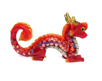 Glücks-Drachen-Skulptur, roter Drache, östlicher Drache, handgemachtes Geschenk, originale Kunst Eingestellt