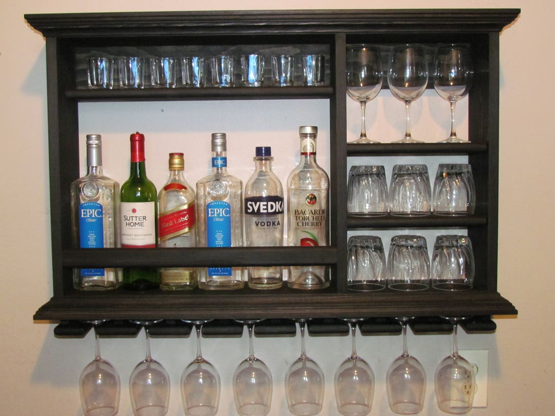 Mini Bar Black Stain Liquor Cabinet 3 x2 Wall Mounted Wine Rack