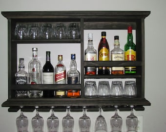 Mini Bar, Black stain, wine rack, liquor cabinet, minimalist style, 3 x 2 wall mounted bar ( SKU # 9BB )