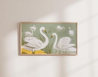 May include: A vintage illustration of white swans swimming in a green pond. The swans have yellow beaks and are surrounded by green reeds. The illustration is framed in a light wood frame.
