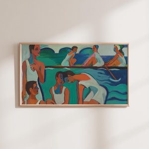 Könnte beinhalten: Ein Gemälde von Menschen in einem Schwimmbad. Die Personen tragen weiße Badeanzüge und befinden sich in verschiedenen Posen. Das Wasser hat eine leuchtende blaugrüne Farbe. Das Gemälde ist in einem kühnen, expressiven Stil ausgeführt.