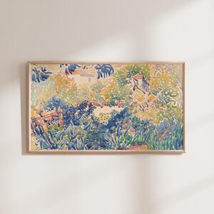 Puede incluir: Una pintura de acuarela que representa un paisaje verde y exuberante con un edificio blanco en la distancia. La pintura presenta una variedad de árboles y follaje en tonos de azul, verde, amarillo y rosa.