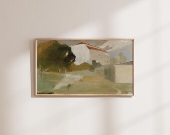 Op de afbeelding: Een abstract landschapsschilderij in een houten lijst. Het kunstwerk toont een gebouw met een rood dak, omgeven door bomen en velden in gedempte tinten groen, bruin en wit. Het schilderij wordt aan een witte muur getoond.