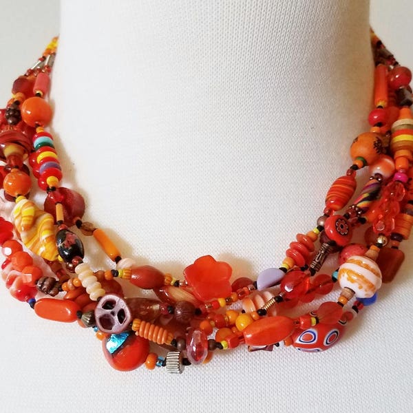 RESERVED for Jacqueline -- TANGERINE statement necklace bohemian 6-strand hand-knotted beaded OOAK orange art necklace SusanRodebushArts