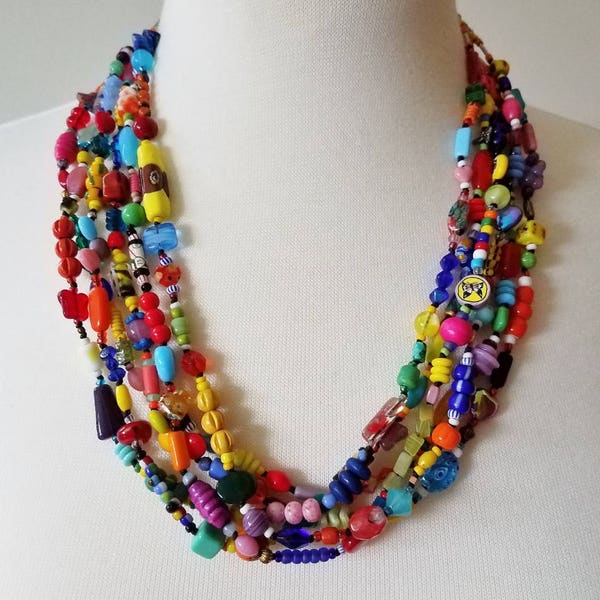 COLORSPLASH rainbow bohemian statement necklace 6 strand hand-knotted beaded OOAK wearable art necklace festival jewelry SusanRodebushArts