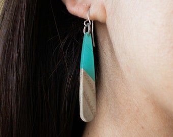 Turquoise Blue Modern Acrylic Walnut Teardrop Earrings - Minimalist and Hypoallergenic - Modern Boho Trendy Festival - Every Day Earrings