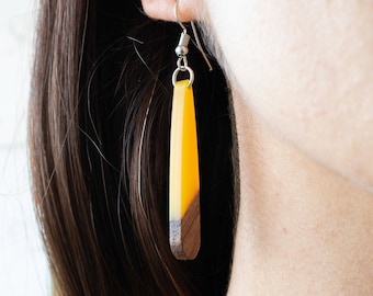 Yellow Acrylic Resin and Walnut Wood Earrings - Modern Boho Festival Jewelry - Every Day Dangle Earrings - Lightweight Durable Sustainable