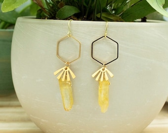 Yellow and Gold Sun Goddess Earrings - Geometric Hexgon and Sun Ray Earring - Gift for Sister or Girlfriend - Modern Boho Minimalist Jewelry