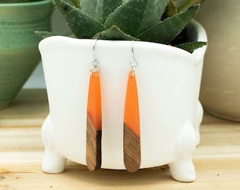 Coral Orange Modern Acrylic Walnut Earrings - Cute Fall Earring - Halloween Pumpkin Color Block Jewelry - Wood and Resin Earrings - Festival