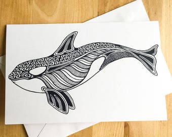 Orca Whale Animal Coloring Card DIY Art Kids Crafts Paint Do It Yourself Decor Meditation Relax Therapy Gift for Her Him Stocking Stuffer