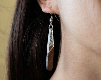 Silver Resin and Wood Tear Drop Dangle Earrings - Lightweight and Durable Earrings for Natural Beauty - Modern Jewelry for Her Girlfriend