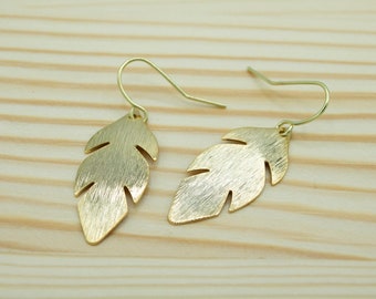Brushed Gold Leaf Feather Dangle Earrings - Modern Boho Minimalist Jewelry - Golden Tree Leaf - Fall Autumn Earrings - Tree of Life Earrings