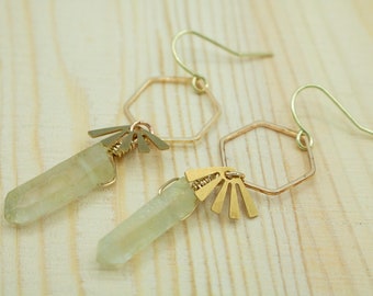 Sage Green and Gold Modern Hexagon Crystal Earrings - Modern Boho Earrings - Green and Gold Raw Quartz Prism Jewelry - Geometric Midcentury