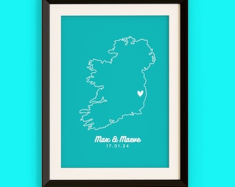 Custom Map of Ireland Print | Heart Location Marker | Personalised Engagement Gift | Anniversary Present | Customisable Irish Art
