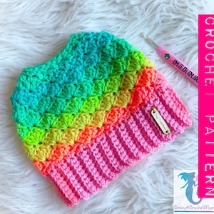 Mermaid Dreams Messy Bun Beanie w/ Bow Pattern image 3