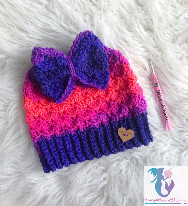 Mermaid Dreams Messy Bun Beanie w/ Bow Pattern image 4