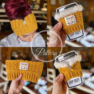 May include: A crochet pattern for a mustard yellow headband and cup cosy. The headband and cup cosy feature a diamond stitch pattern and a small white patch with the text "know your WORTH then add tax".