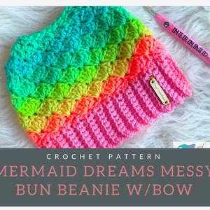 Mermaid Dreams Messy Bun Beanie w/ Bow Pattern image 1