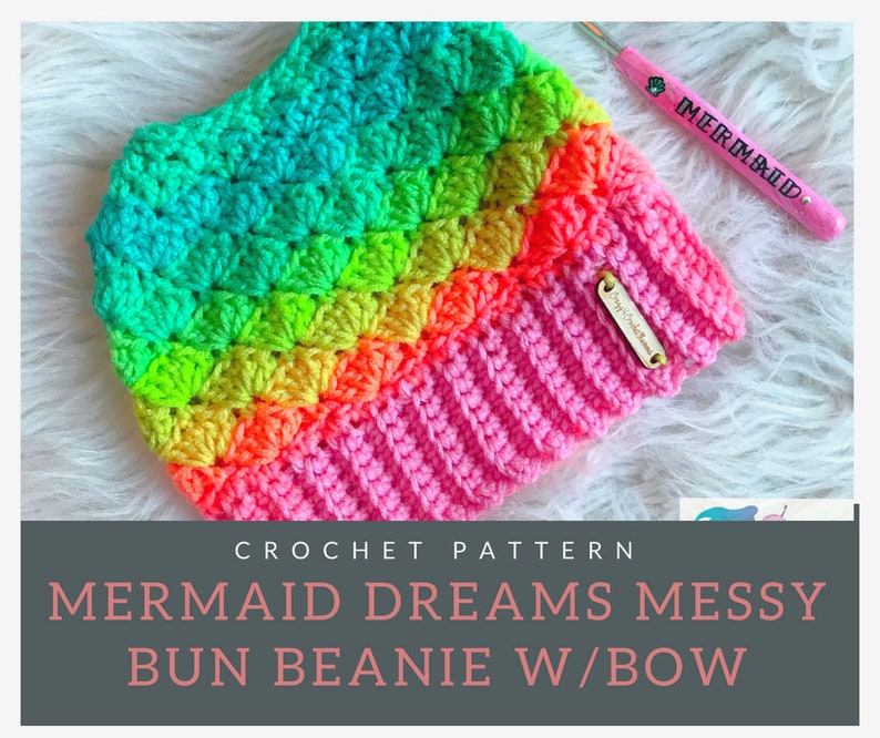 Mermaid Dreams Messy Bun Beanie w/ Bow Pattern image 1